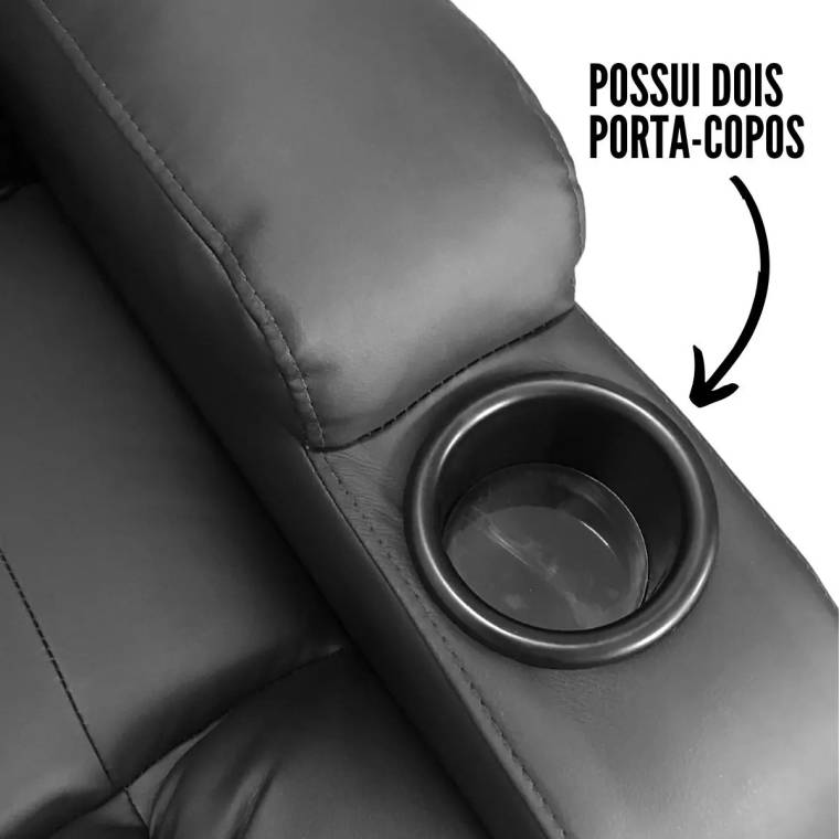 Detalhe do porta-copos embutido no braço da poltrona preta