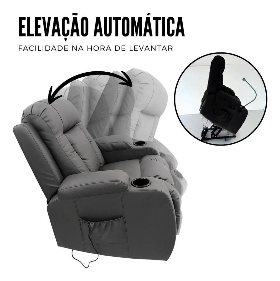 Esquema do mecanismo elétrico lift da poltrona preta: eleva primeiro o apoio para os pés, depois reclina o encosto